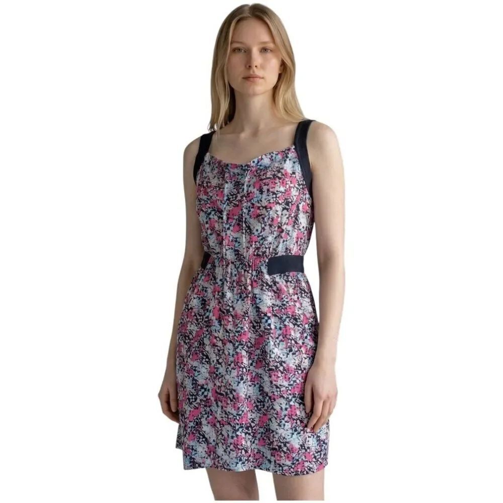 Juicy Couture Silk Abstract Print Dress Ribbed Straps Pockets Size P Pink